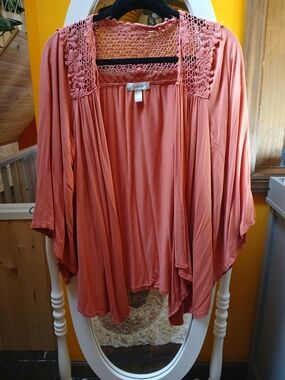 Dress Barn Coral Crochet Yoke Open-Front Cardigan